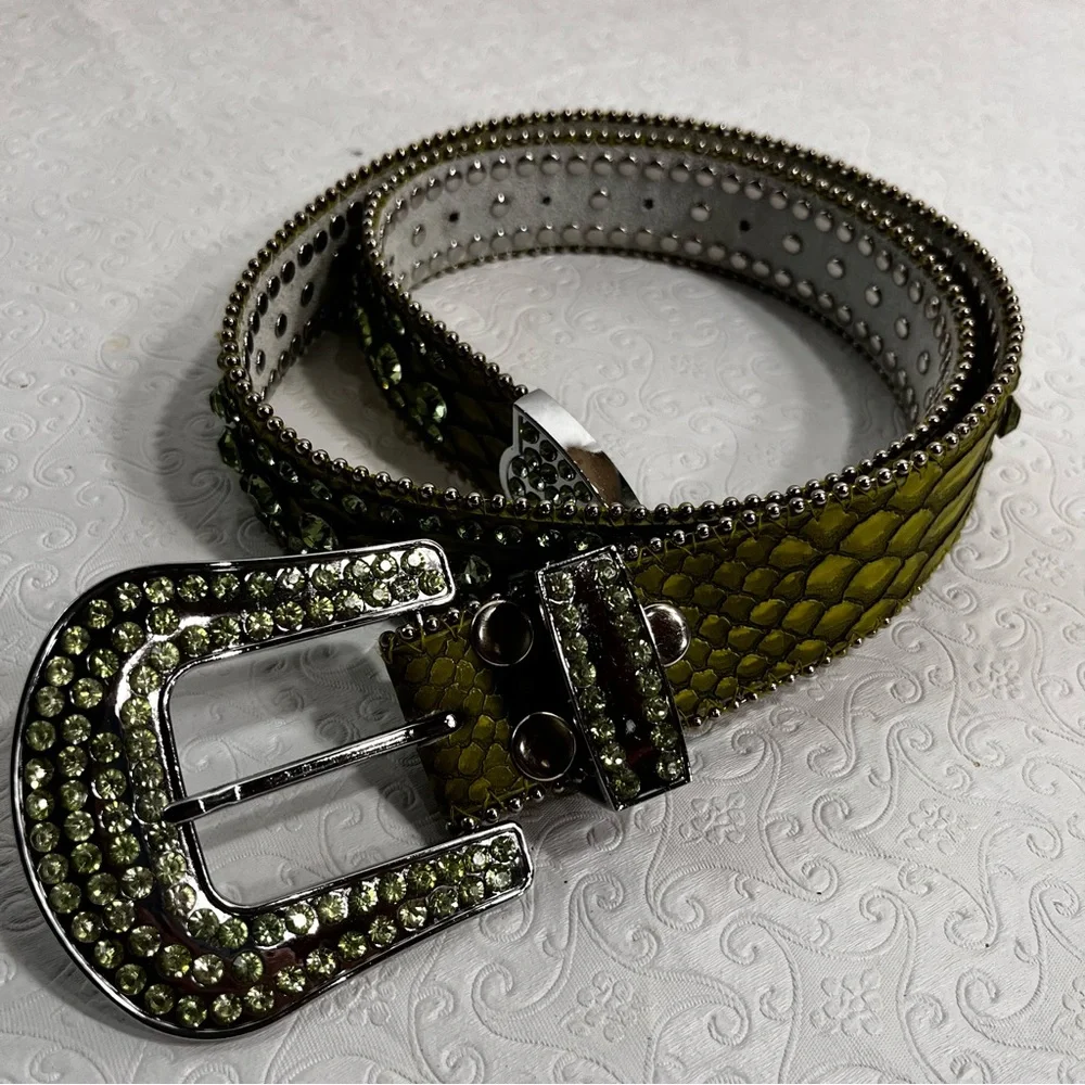 Genuine Leather Rhinestone Belt Western Cowgirl Green Sparkly Bling Belt Small M